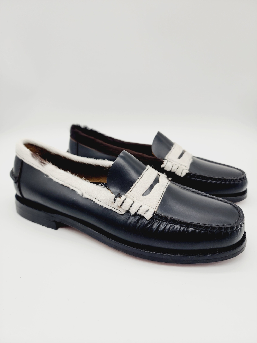 Sebago Black Leather Loafers with White Trim